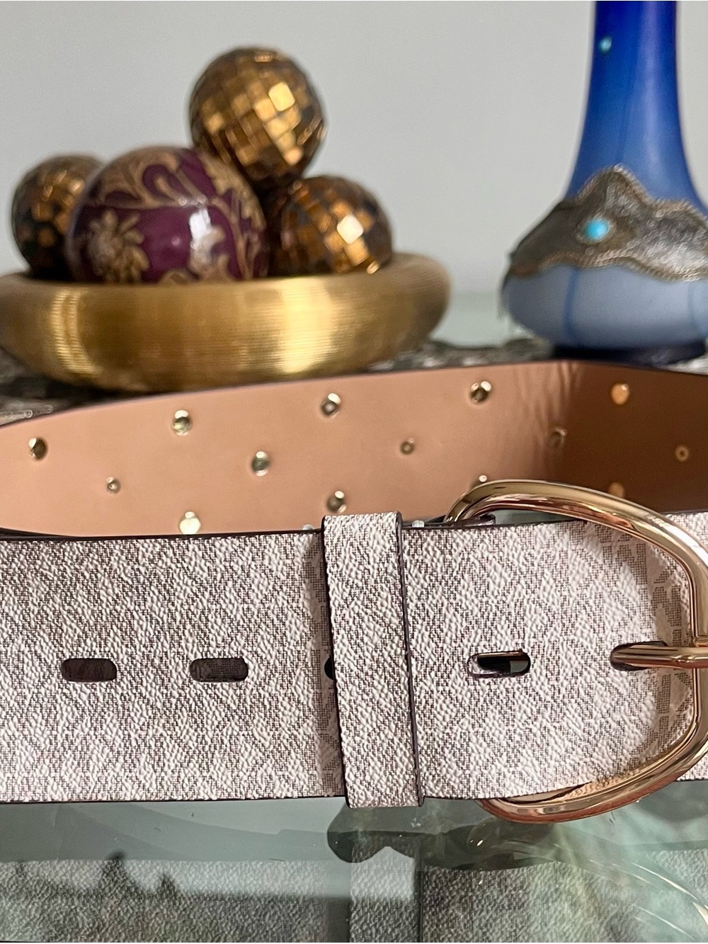 Michael Kors Textured Cream colored Belt with studs throughout and Gold Buckle